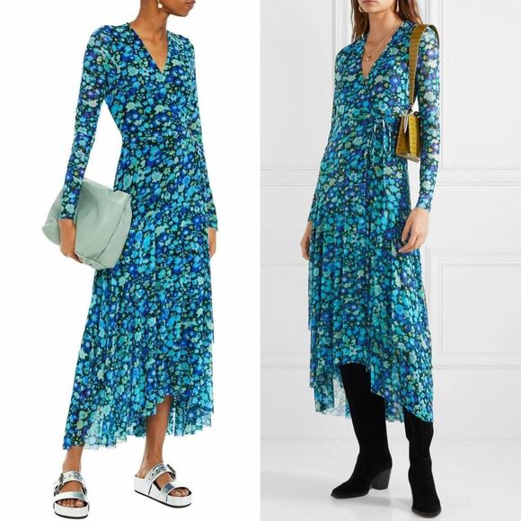 GANNI Mesh Wrap Dress Blue Floral Print Maxi 36, US S - Picture 1 of 13